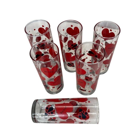 Set of 6 Love Bug Ladybug Valentine Heart Glasses – Retro 1990s Tall Drinking Tu - Picture 5 of 5